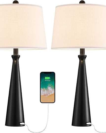 Oneach 25.75” Modern Table Lamps with USB Port Set of 2 Accent Gold Nightstand Lamp for Living Room Bedroom Office Black - LeafyLoom