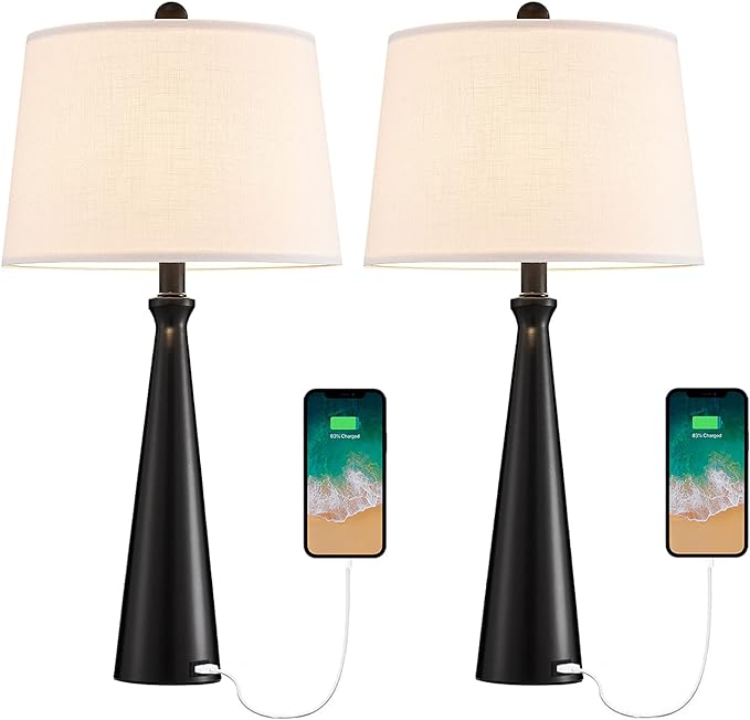 Oneach 25.75” Modern Table Lamps with USB Port Set of 2 Accent Gold Nightstand Lamp for Living Room Bedroom Office Black - LeafyLoom