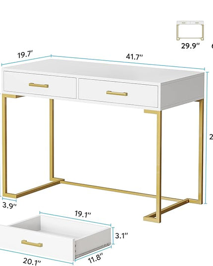 Computer Desk with 2 Drawers, Wooden Writing Desks for Home Office, White&Gold - LeafyLoom