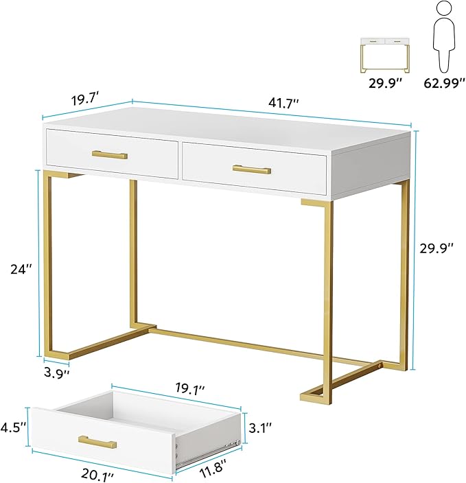 Computer Desk with 2 Drawers, Wooden Writing Desks for Home Office, White&Gold - LeafyLoom