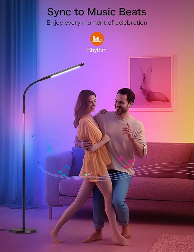 LED Floor Lamp,15W Dimmable Bright Reading & RGB Atmosphere Light,4 Color Temperatures,Remote and Touch Control,Music Sync,Adjustable Gooseneck Standing Task Lamp for Living Room Bedroom - LeafyLoom