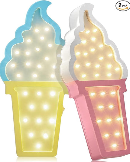 2 Pcs Ice Cream Valentine Romance Atmosphere Light Wooden Ice Cream LED Night Light Ice Cream Theme Valentine Romance Lamps Battery Operated LED Night Lights for Birthday Party Decor (Blue-Yellow) - LeafyLoom