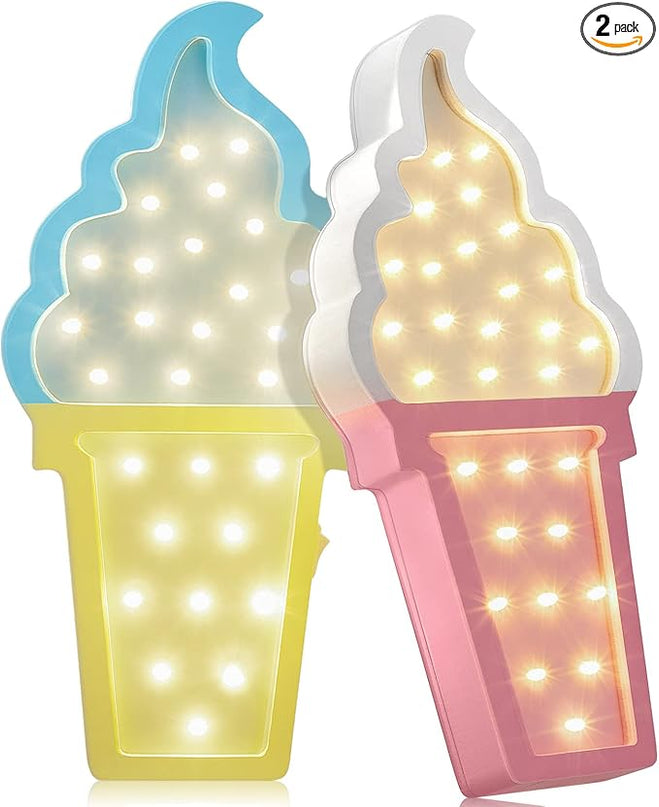 2 Pcs Ice Cream Valentine Romance Atmosphere Light Wooden Ice Cream LED Night Light Ice Cream Theme Valentine Romance Lamps Battery Operated LED Night Lights for Birthday Party Decor (Blue-Yellow) - LeafyLoom