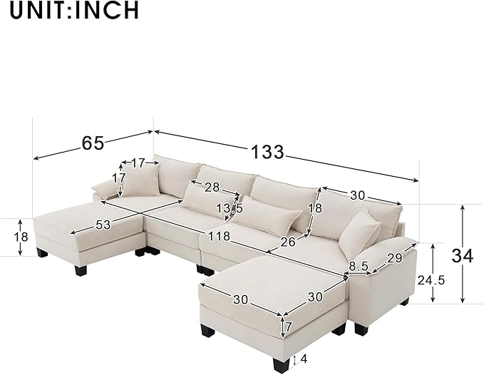 133" Corduroy 6 Seat Freely Combinable Sofa with Armrest Bags,U Shaped Indoor Solid Wood Sectional Couch w/Pillows,for Living Room,Bedroom,Apartment,Office,Lounges,Beige - LeafyLoom