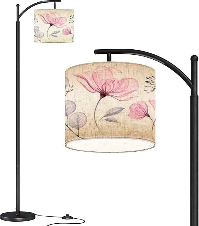 Modern Arc Floor Lamp with Dimmer Mid Century Watercolor Transparent floral set isolated white collection roses Metal Standing Lamp with Linen Shade Footswitch for Living Room Bedroom Office - LeafyLoom