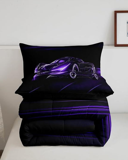 Feelyou Dull Purple Race Car Bedding Set Queen Size for Kids Boys Extreme Sport Games Comforter Set Teens Toddler Fast and Furious Duvet Set Cool Modern Quilt Set 3Pcs - LeafyLoom