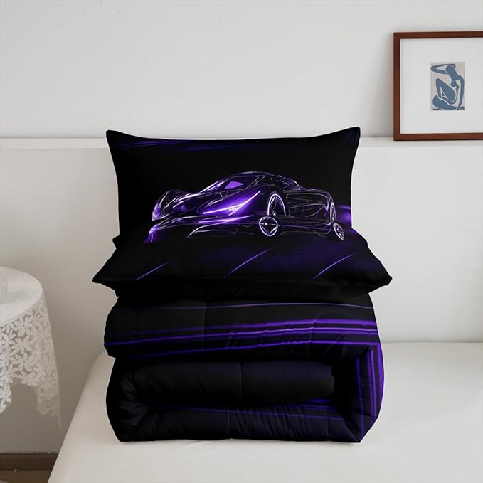 Feelyou Dull Purple Race Car Bedding Set Queen Size for Kids Boys Extreme Sport Games Comforter Set Teens Toddler Fast and Furious Duvet Set Cool Modern Quilt Set 3Pcs - LeafyLoom