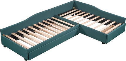 L-Shaped Upholstered Twin Size Daybed with Storage Drawer and Trundle, Twin Size Double Platform Beds Corner Bed Daybed for Kids, Green - LeafyLoom