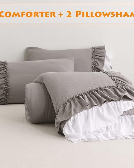 Ruffle Queen Comforter Set,Grey White Ruffled Comforter Sets for Queen Bed Shabby Boho Chic Farmhouse Bedding Set(1 Ruffle Comforter and 2 Pillowcases) - LeafyLoom