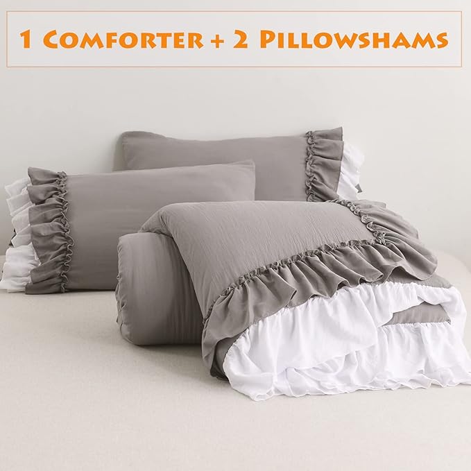 Ruffle Queen Comforter Set,Grey White Ruffled Comforter Sets for Queen Bed Shabby Boho Chic Farmhouse Bedding Set(1 Ruffle Comforter and 2 Pillowcases) - LeafyLoom
