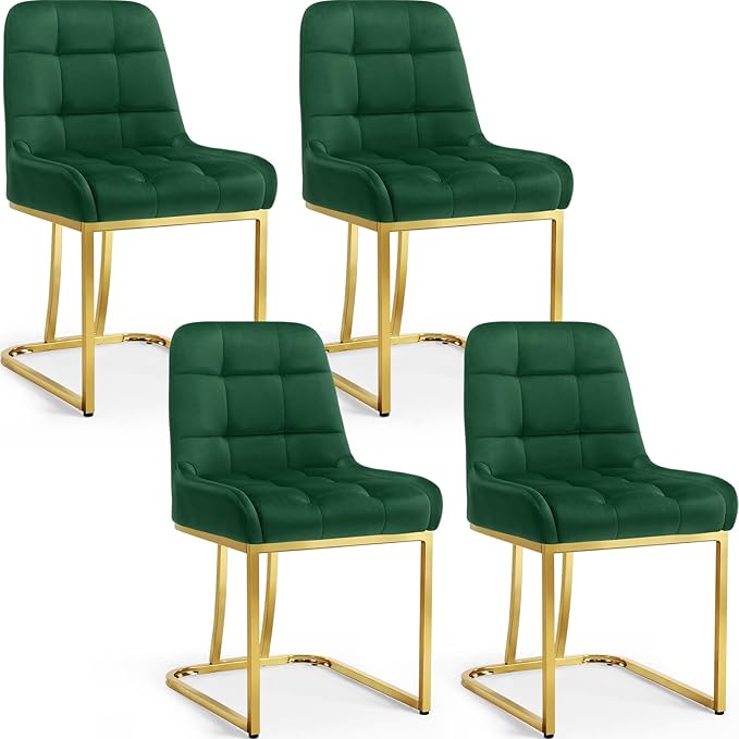 STARY Upholstered Velvet Armless Dining Room Chairs with Gold Metal Legs for Kitchen Restaurant, Green- Set of 4 - LeafyLoom