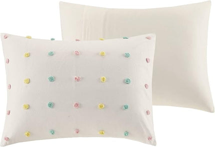 Duvet Cotton Jacquard Weave Colorful Poms Accent, Shabby Chic Cover for Comforter Cozy Bedding Set, Matching Shams, Decorative Pillows, Full Queen, Multi, 5 Piece - LeafyLoom