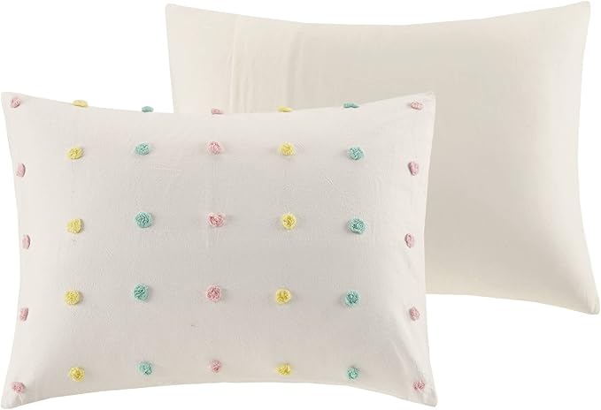 Duvet Cotton Jacquard Weave Colorful Poms Accent, Shabby Chic Cover for Comforter Cozy Bedding Set, Matching Shams, Decorative Pillows, Full Queen, Multi, 5 Piece - LeafyLoom