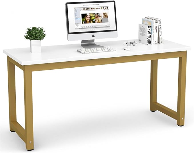 Tribesigns Computer Desk, 63 inch Large Office Desk, Study Writing Table for Home Office, Easy Assemble, White Gold - LeafyLoom