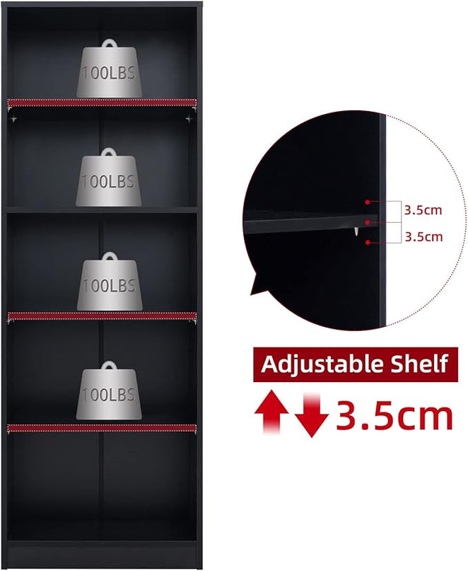 Sunon 5 Shelf Wood Bookcase Freestanding Display Shelf Adjustable Layers Bookshelf for Home Office Library Small Narrow Space (Black, 5-Layers) - LeafyLoom