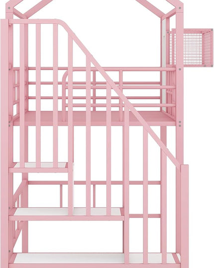 Twin Size Metal Loft Bed with roof Design and a Storage Box,House Shaped Stairway Metal Bedframe w/Guardrail & Roof Design, for Kids Boys Girls Bedroom, Pink - LeafyLoom