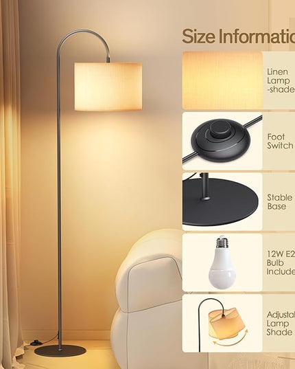 Floor Lamps for Living Room - 12W LED Bulb Modern Standing Lamp with Linen lampshade, 3 Color Temperatures Corner Floor Lamp for Office Study Room, Tall Reading Light with Adjust Head - LeafyLoom
