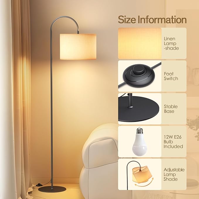 Floor Lamps for Living Room - 12W LED Bulb Modern Standing Lamp with Linen lampshade, 3 Color Temperatures Corner Floor Lamp for Office Study Room, Tall Reading Light with Adjust Head - LeafyLoom