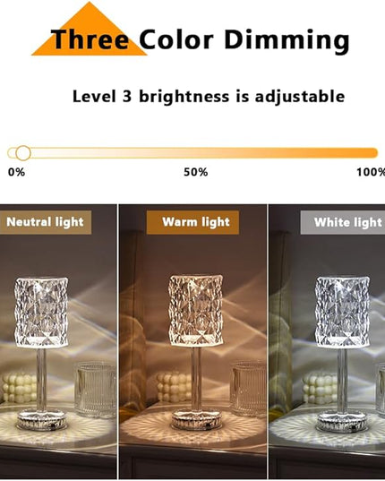Portable Crystal Table Lamp,Acrylic Cordless LED Desk Lamp with Touch Control, 3 Color Touch Control Rechargeable Lamp, Night Light, Bedside Lamp,Dining Room Lamp (3 Color Crystal Lamp) - LeafyLoom