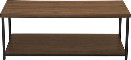 Household Essentials Jamestown Rectangular Coffee Table with Storage Shelf Mid Century Walnut Wood Grain and Black Metal - LeafyLoom