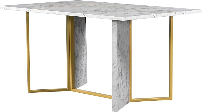 7-Piece Modern Dining Table Set, Artificial Marble Sticker Tabletop and 6 Upholstered Linen Chairs All with Golden Steel Legs for Dinette Room and Kitchen (White+Gold), 60" L x 36" W x 30" H - LeafyLoom