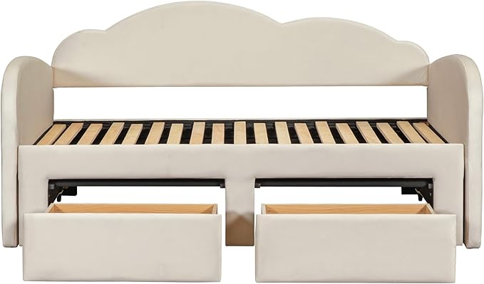 Twin Size Velvet Upholstered Daybed with Cloud-Shaped Backrest and Trundle,Wooden Storage Bed Frame W/Drawers & USB Ports,Convert to King-Size Bed,for Living Room Apartment Beige - LeafyLoom
