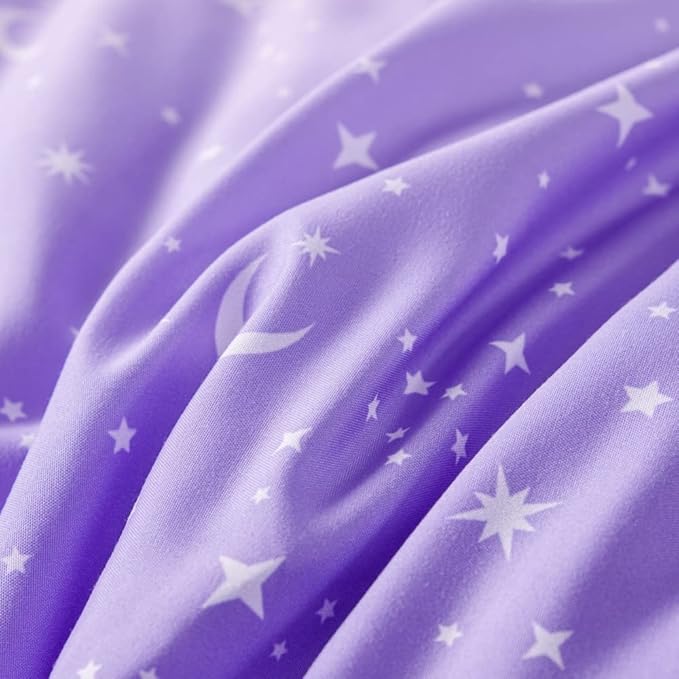 URBONUR Girls Comforter Set Queen 6PCS Gradient Purple Orange Glitter Moon Star Printed Bed in a Bag Soft Breathable Bedding Set for All Season (Star, Queen Size) - LeafyLoom