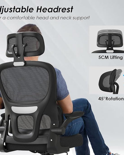 Soohow Ergonomic Home Office Chair, Mesh Desk Chair with Lumbar Support, Comfy Computer Desk Chair with Flip Armrest Rolling Wheels, Adjustable Headrest, Black. - LeafyLoom