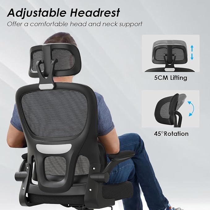 Soohow Ergonomic Home Office Chair, Mesh Desk Chair with Lumbar Support, Comfy Computer Desk Chair with Flip Armrest Rolling Wheels, Adjustable Headrest, Black. - LeafyLoom