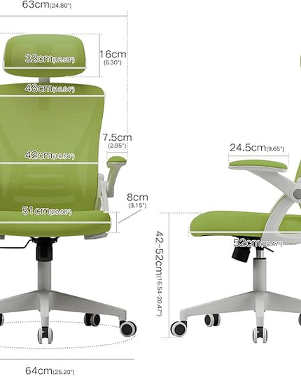 Ergonomic Office Chair, Mid Back Desk Chair with Adjustable Height, Swivel Chair with Flip-Up Arms and Lumbar Support, Breathable Mesh Computer Chair with Headrest (White and Green) - LeafyLoom