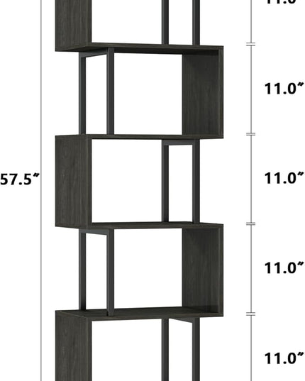 Furologee 6 Tier Bookshelf Tall Geometric Bookcase, S-Shaped Industrial Display Standing Shelf, Metal and Wood Decorative Storage Room Divider Shelves for Bedroom, Living Room, Office, Light Black Oak - LeafyLoom