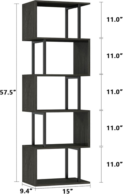 Furologee 6 Tier Bookshelf Tall Geometric Bookcase, S-Shaped Industrial Display Standing Shelf, Metal and Wood Decorative Storage Room Divider Shelves for Bedroom, Living Room, Office, Light Black Oak - LeafyLoom