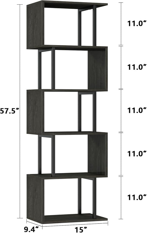Furologee 6 Tier Bookshelf Tall Geometric Bookcase, S-Shaped Industrial Display Standing Shelf, Metal and Wood Decorative Storage Room Divider Shelves for Bedroom, Living Room, Office, Light Black Oak - LeafyLoom