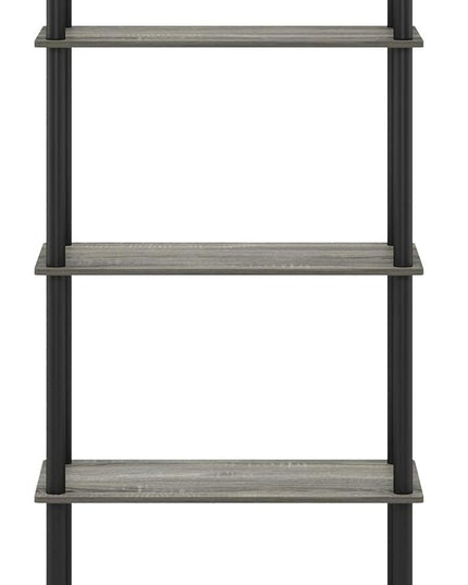 Furinno 5-Tier Round Tube Shelf and 4-Tier Wide Display Shelf, French Oak Grey/Black - LeafyLoom