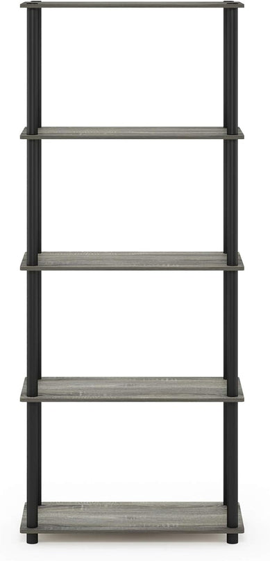 Furinno 5-Tier Round Tube Shelf and 4-Tier Wide Display Shelf, French Oak Grey/Black - LeafyLoom