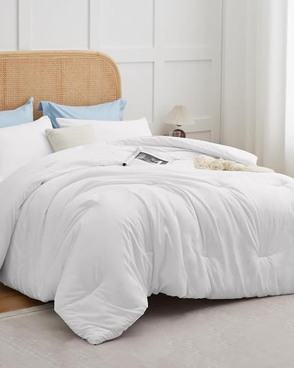 CozyLux White Comforter Set Full Size, 3 Pieces Solid Breathable Quilted Boho Style Bedding Sets, Luxury Fluffy Soft Microfiber Comforter for All Season(1 Comforter & 2 Pillowcases) - LeafyLoom