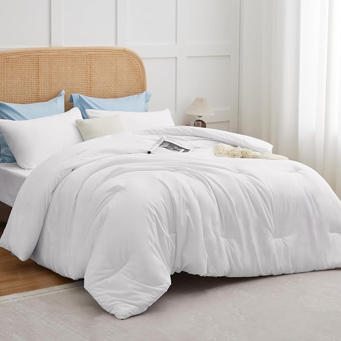 CozyLux White Comforter Set Full Size, 3 Pieces Solid Breathable Quilted Boho Style Bedding Sets, Luxury Fluffy Soft Microfiber Comforter for All Season(1 Comforter & 2 Pillowcases) - LeafyLoom