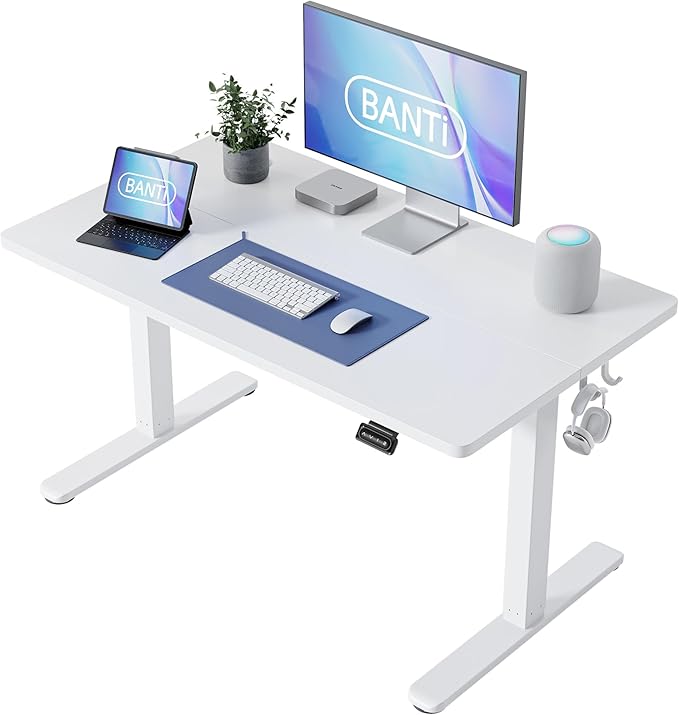 BANTI 40'' Standing Desk, Electric Stand up Height Adjustable Home Office Table, Sit Stand Desk with Splice Board, White - LeafyLoom