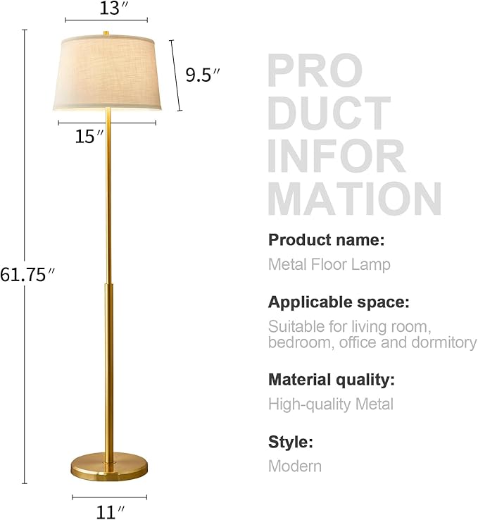 Oneach 61.75" Modern Floor Lamp for Living Room Tall Lamp for Bedroom Gold Floor Lamp with Rotary Switch Industrial Standing Lamp Floor Lamp for Nursery Study Room Office - LeafyLoom