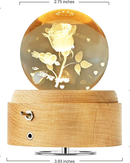 3D Crystal Ball Globe Rose Music Box with LED Night Light Lamp, Best Decor Gifts for Father Dad Husband Men Boyfriend Girlfriend Mom Women Wife Daughter Kids, Graduation Birthday Anniversary Wedding - LeafyLoom