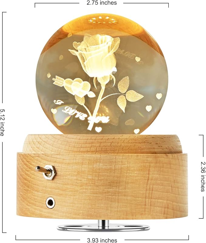 3D Crystal Ball Globe Rose Music Box with LED Night Light Lamp, Best Decor Gifts for Father Dad Husband Men Boyfriend Girlfriend Mom Women Wife Daughter Kids, Graduation Birthday Anniversary Wedding - LeafyLoom