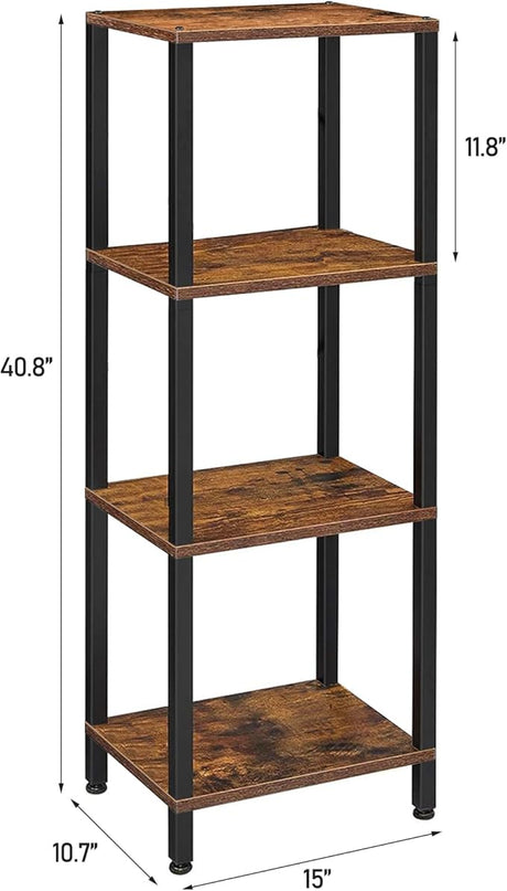 TUTOTAK Bookshelf, 4-Tier Tall Book Shelf, Narrow Bookcase for Small Space, DIY Stackable Bookshelf, for Living Room, Office, Study, Entryway, Industrial, Rustic Brown BS01BB004 - LeafyLoom
