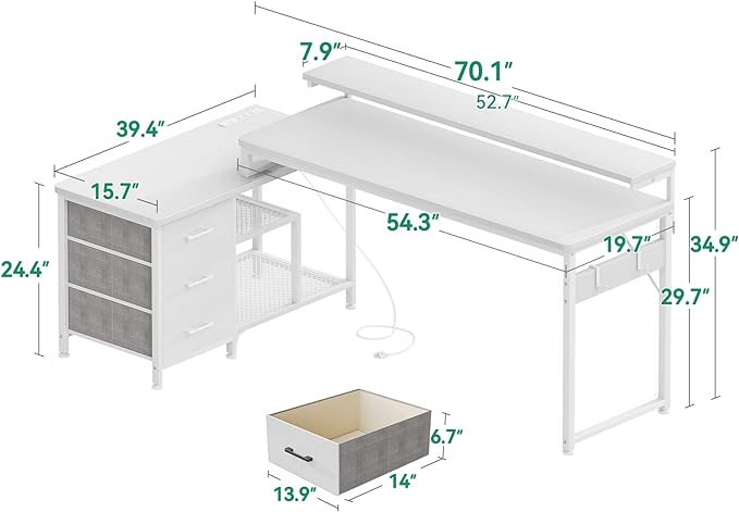 AODK 70 Inch L Shaped Computer Desk with Power Outlets & USB Charging Ports, Reversible L-Shaped Corner Desk with Drawers & Monitor Stand, Home Office Workstation with Storage Cabinet, White - LeafyLoom