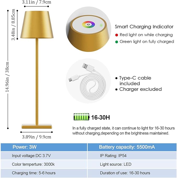 2-Pack LED Cordless Table Lamp with RGB & Stepless Dimming, 3W 5500mAh Rechargeable Table Lamps Battery Operated Table Light Stepless Dimmable Portable Table Lamp for Table/Bedroom/Outdoor (Gold) - LeafyLoom
