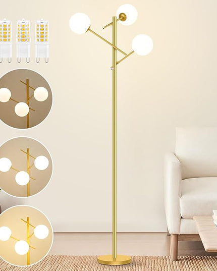 Dimmable Floor Lamp for Living Room, 67” Gold Standing Lamp with 3 Globe Glass Shade, Modern Tall Lamp, Adjustable 3-Light Tree Pole Lamp, Brass Corner Lamp for Bedroom Office Hotel, 3 Bulbs Included - LeafyLoom
