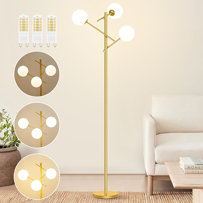 Dimmable Floor Lamp for Living Room, 67” Gold Standing Lamp with 3 Globe Glass Shade, Modern Tall Lamp, Adjustable 3-Light Tree Pole Lamp, Brass Corner Lamp for Bedroom Office Hotel, 3 Bulbs Included - LeafyLoom