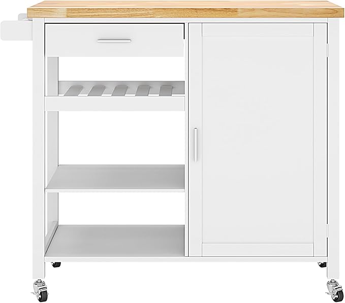 sogesfurniture Rolling Kitchen Serving Cart with Drawer and Storage Shelves, Kitchen Island Cart Trolley on Wheels with Rubberwood Countertop, Storage Cabinet, Towel Holder, White - LeafyLoom