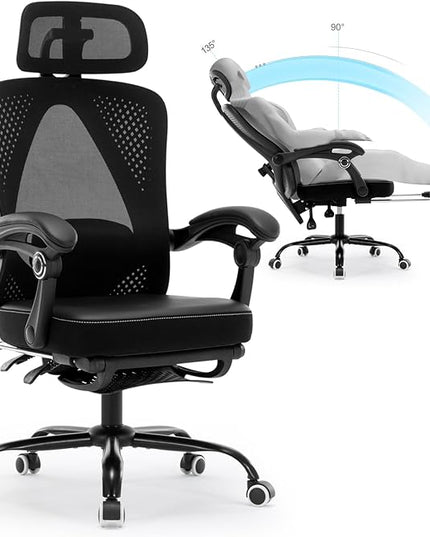 Office Chair Ergonomic Desk Chair, Reclining PU Cushion Mesh Computer Chair with Adjustable Lumbar Support, Headrest and Footrest, High Back Home Office Desk Chair, 360° Swivel Executive Task Chair - LeafyLoom
