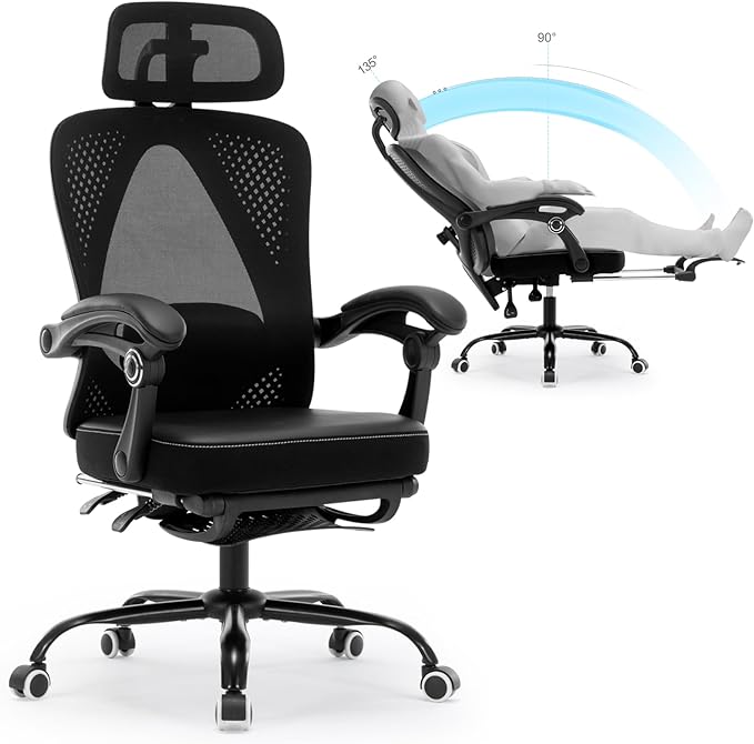 Office Chair Ergonomic Desk Chair, Reclining PU Cushion Mesh Computer Chair with Adjustable Lumbar Support, Headrest and Footrest, High Back Home Office Desk Chair, 360° Swivel Executive Task Chair - LeafyLoom