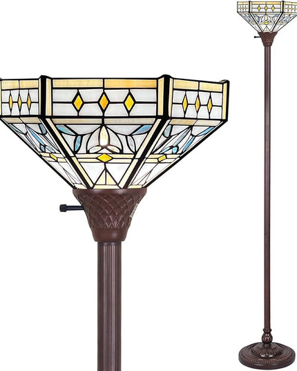 Capulina Tiffany Torchiere Floor Lamp 70 Inches Tall Industrial Dark Bronze Pole Mission Hexagon Virgin Style Stained Glass Torch Standing Light Decor for Living Room Bedroom Home Office - LeafyLoom